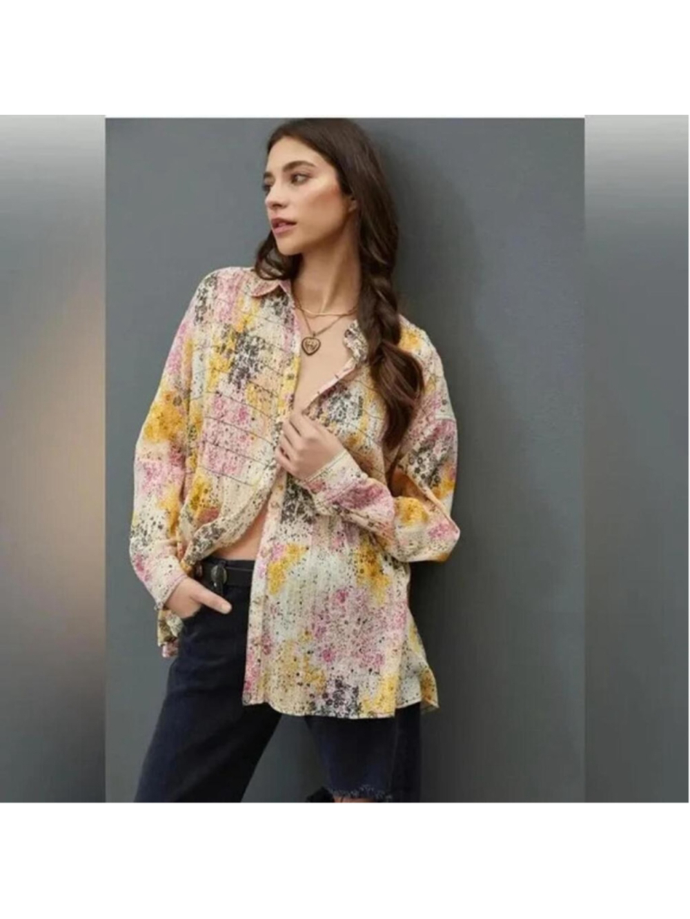 Pilcro Anthroplogie Women's Printed Button-Up Shirt - Pink & Yellow